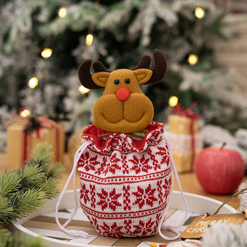 Christmas Character Knit Drawstring Treat Bag Decor - Elk