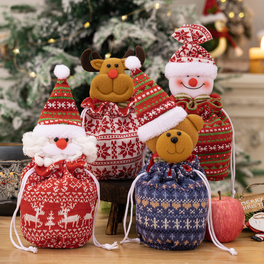 Christmas Character Knit Drawstring Treat Bag Decor