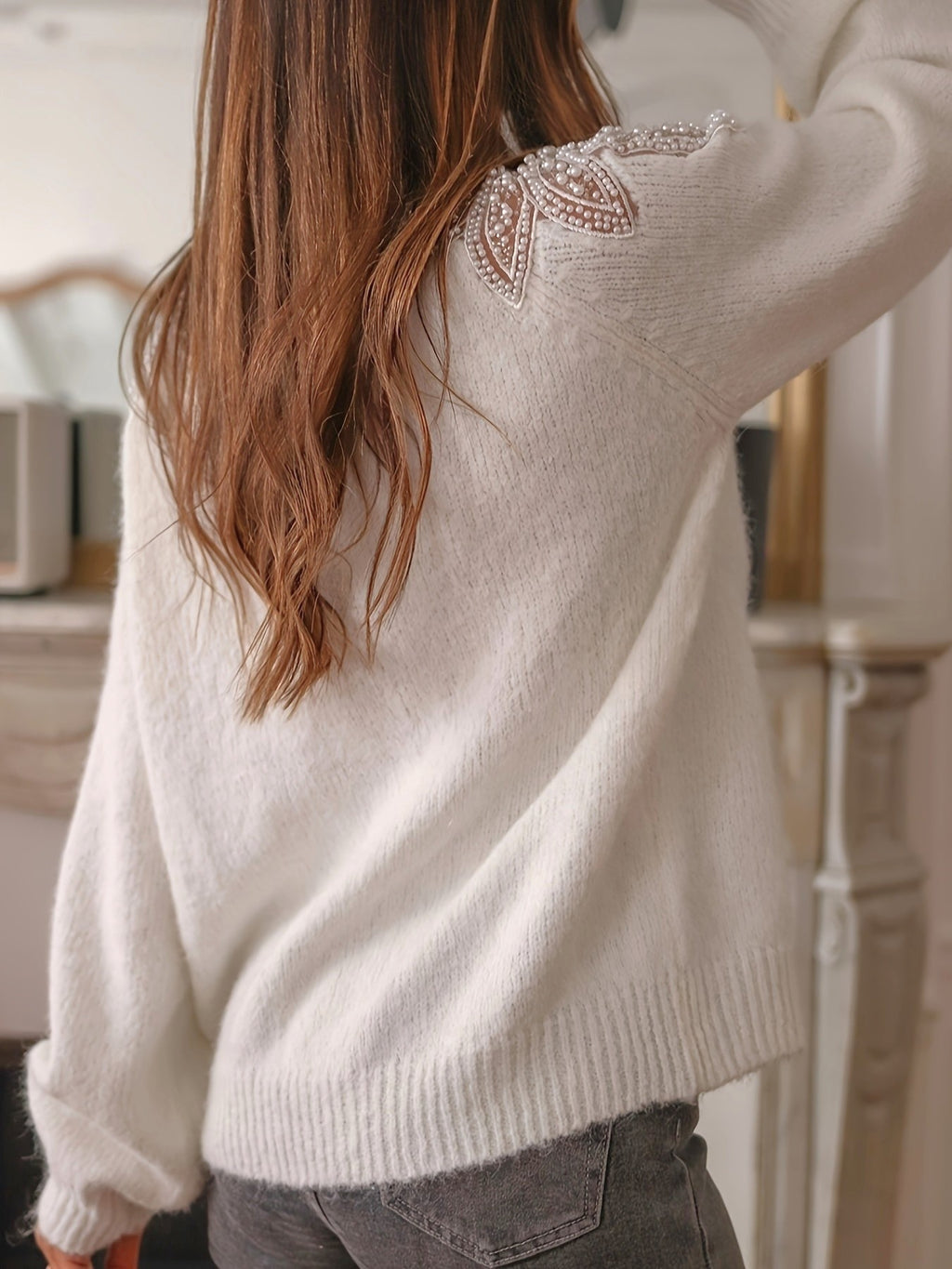 Beaded Shoulder Detail Soft Knit Sweater - White - 3