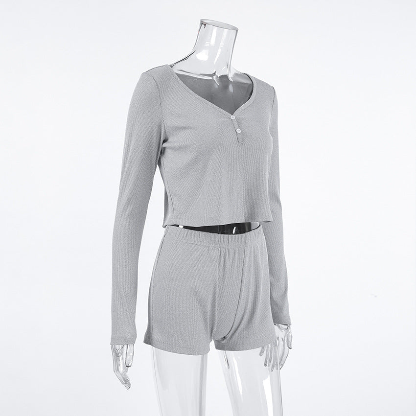 Ribbed Henley Long Sleeve Shorts Pajama Set - Grey