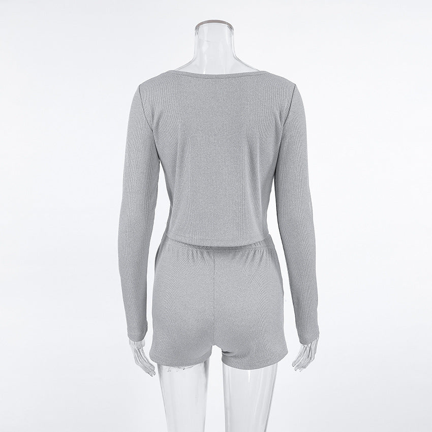 Ribbed Henley Long Sleeve Shorts Pajama Set - Grey - 1
