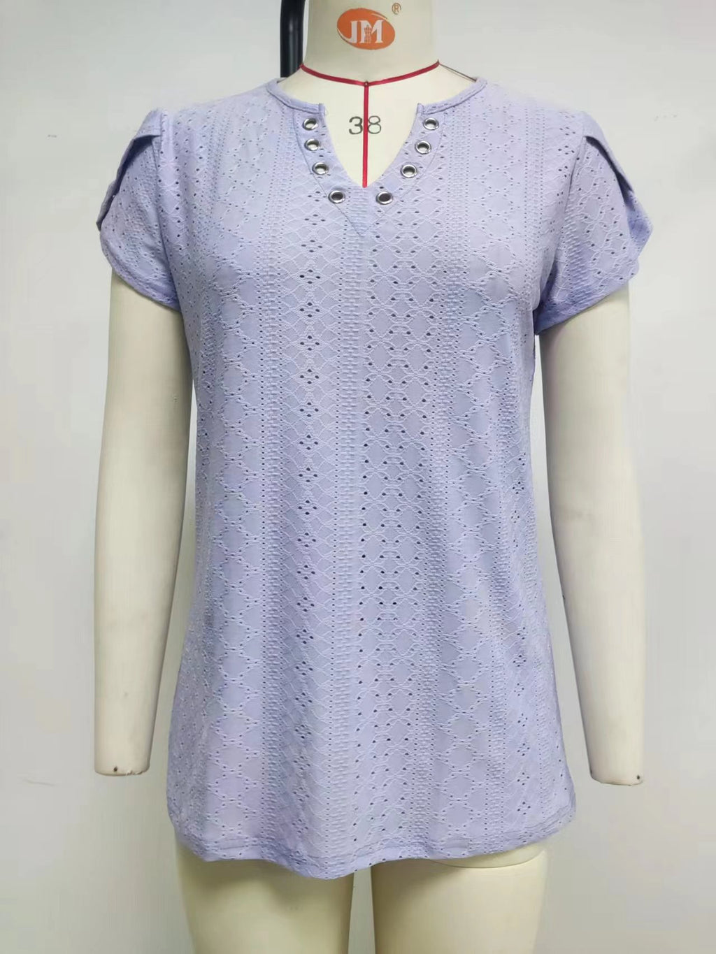 Eyelet Knit Petal Sleeve Notch Neck Tee - view 1