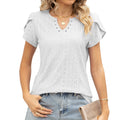 Eyelet Knit Petal Sleeve Notch Neck Tee - white