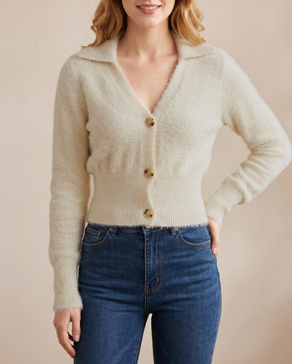 Apricot Fuzzy Knit Polo Collar Cropped Cardigan - Apricot