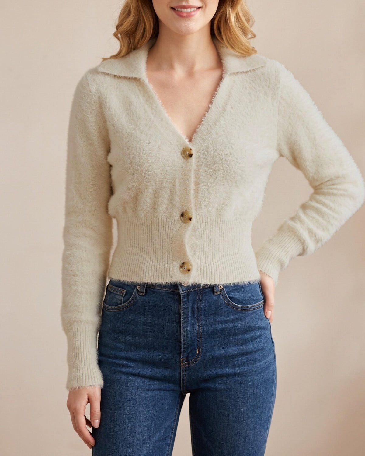 Apricot Fuzzy Knit Polo Collar Cropped Cardigan - Apricot