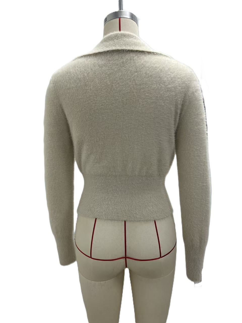 Apricot Fuzzy Knit Polo Collar Cropped Cardigan - Apricot - 2