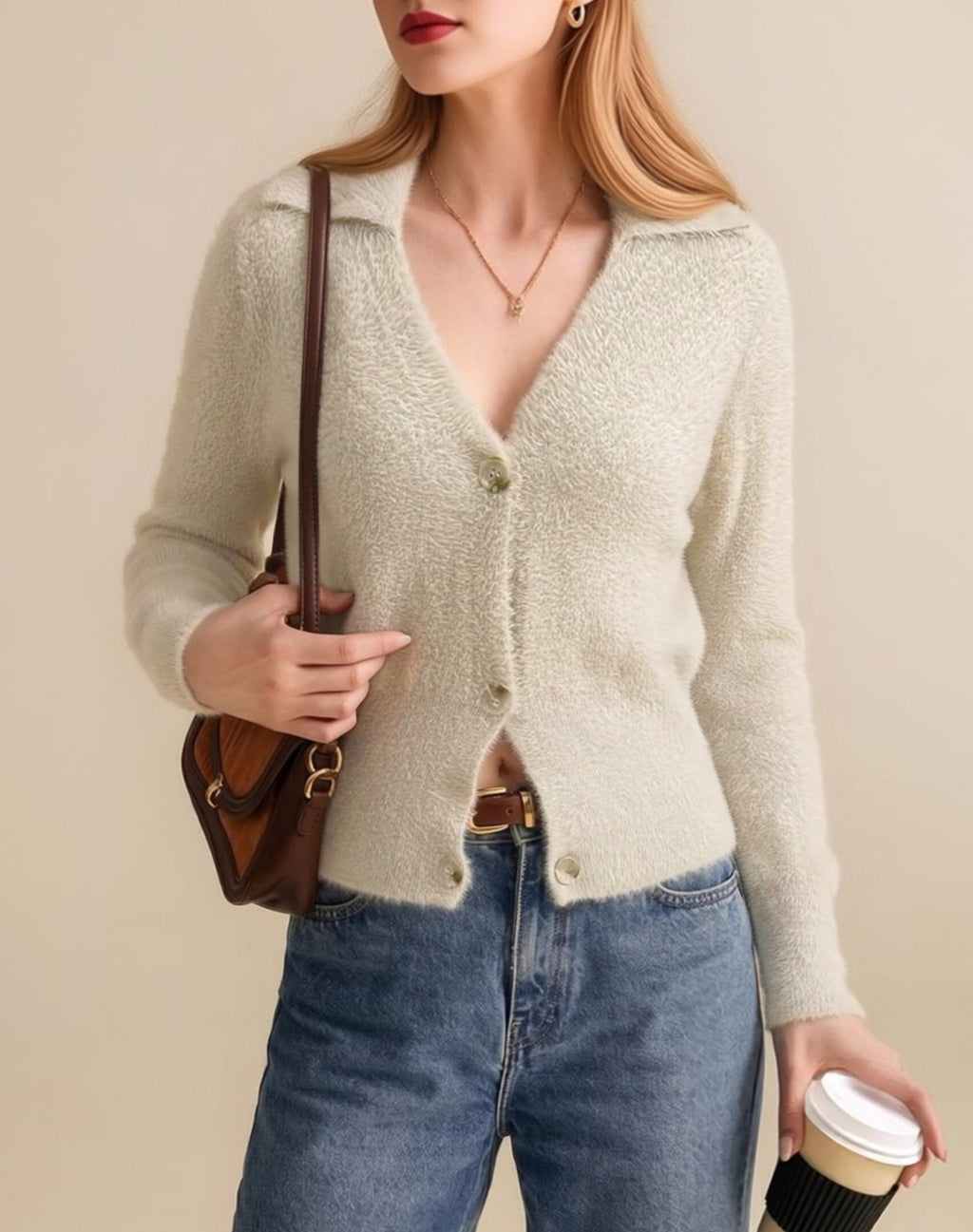 Apricot Fuzzy Knit Polo Collar Cropped Cardigan - Apricot - 3