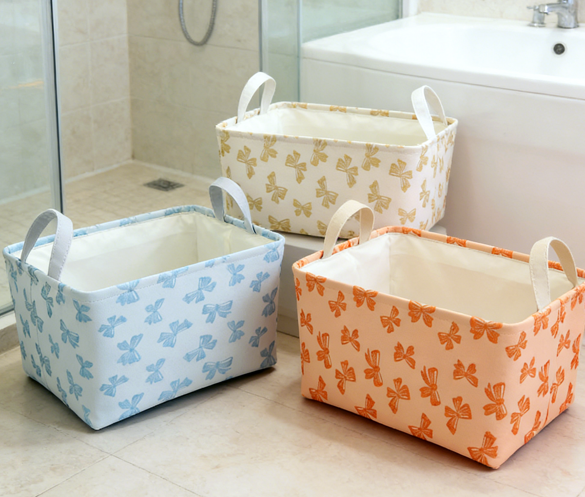 Bow Print Canvas Storage Tote Basket - Begie - 4