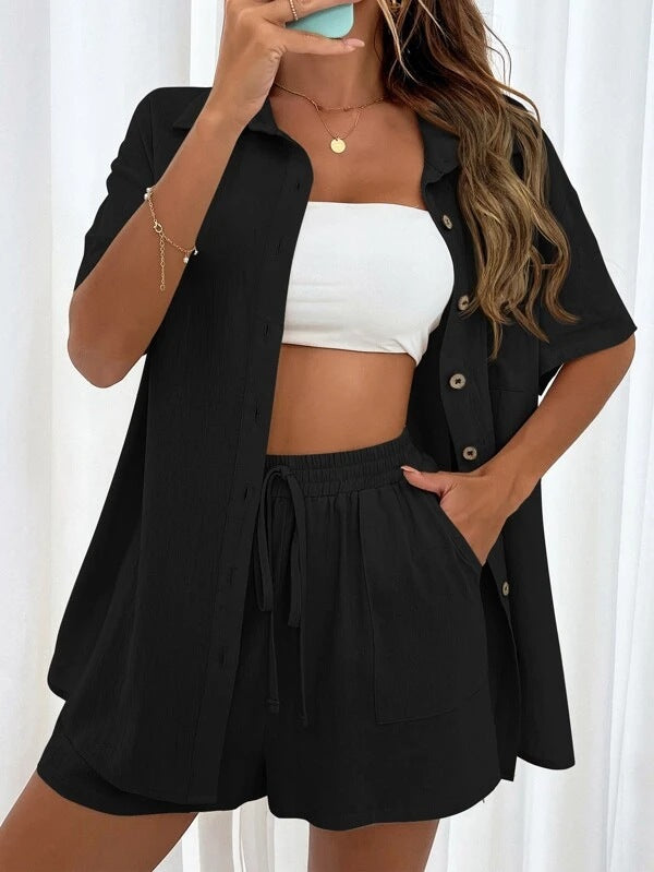 Textured Camp Shirt and Shorts Lounge Set - Black