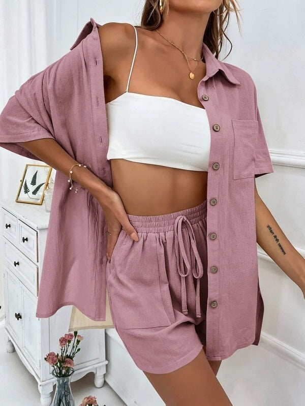 Textured Camp Shirt and Shorts Lounge Set - Pink