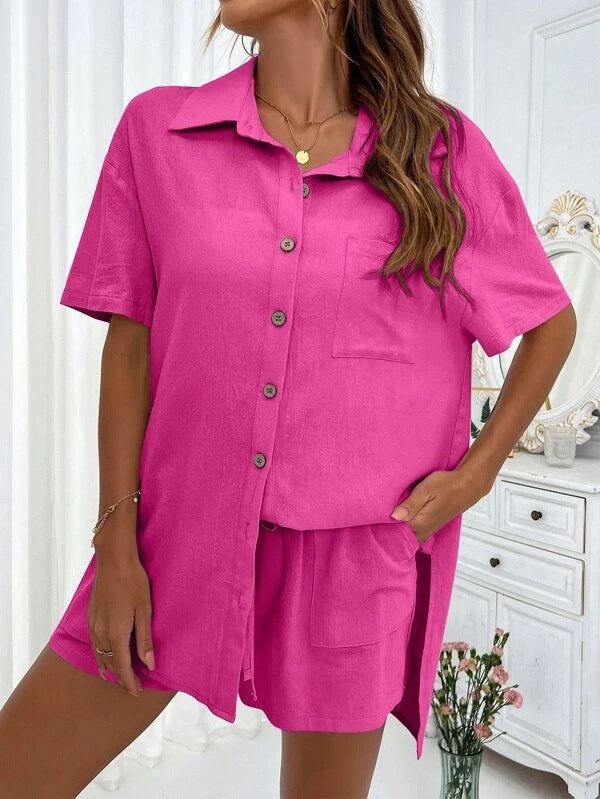 Textured Camp Shirt and Shorts Lounge Set