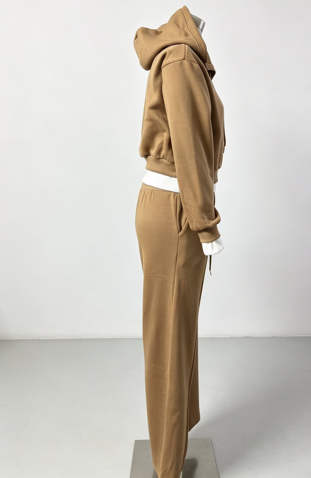Cropped Hoodie and Wide Leg Sweatpants Set - Camel - 1