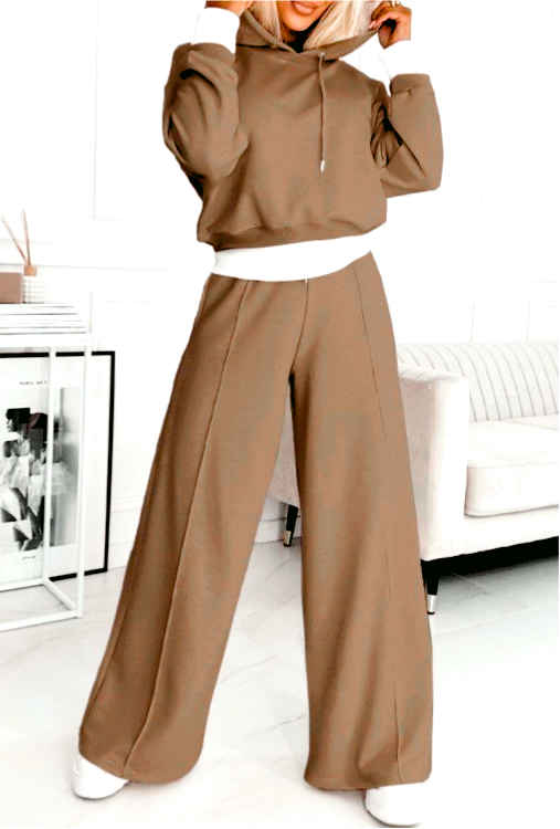 Cropped Hoodie and Wide Leg Sweatpants Set - Camel - 3