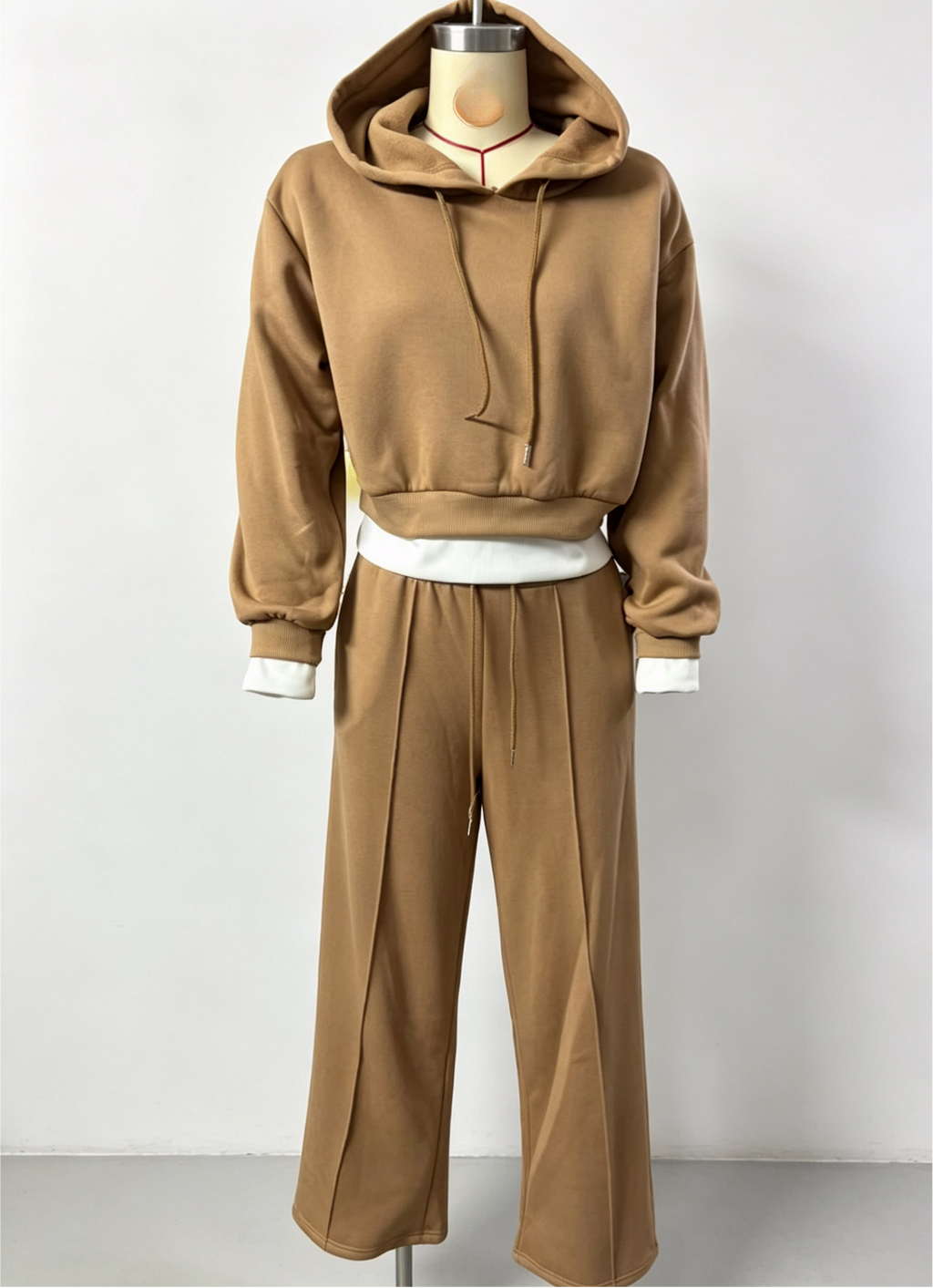 Cropped Hoodie and Wide Leg Sweatpants Set - Camel - 4