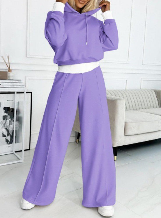 Cropped Hoodie and Wide Leg Sweatpants Set - Purple