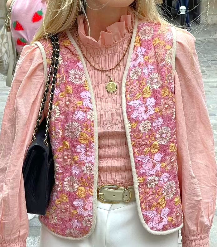 Retro Daisy Print Quilted Vest - Pink