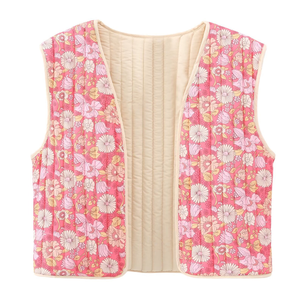 Retro Daisy Print Quilted Vest - Pink - 1