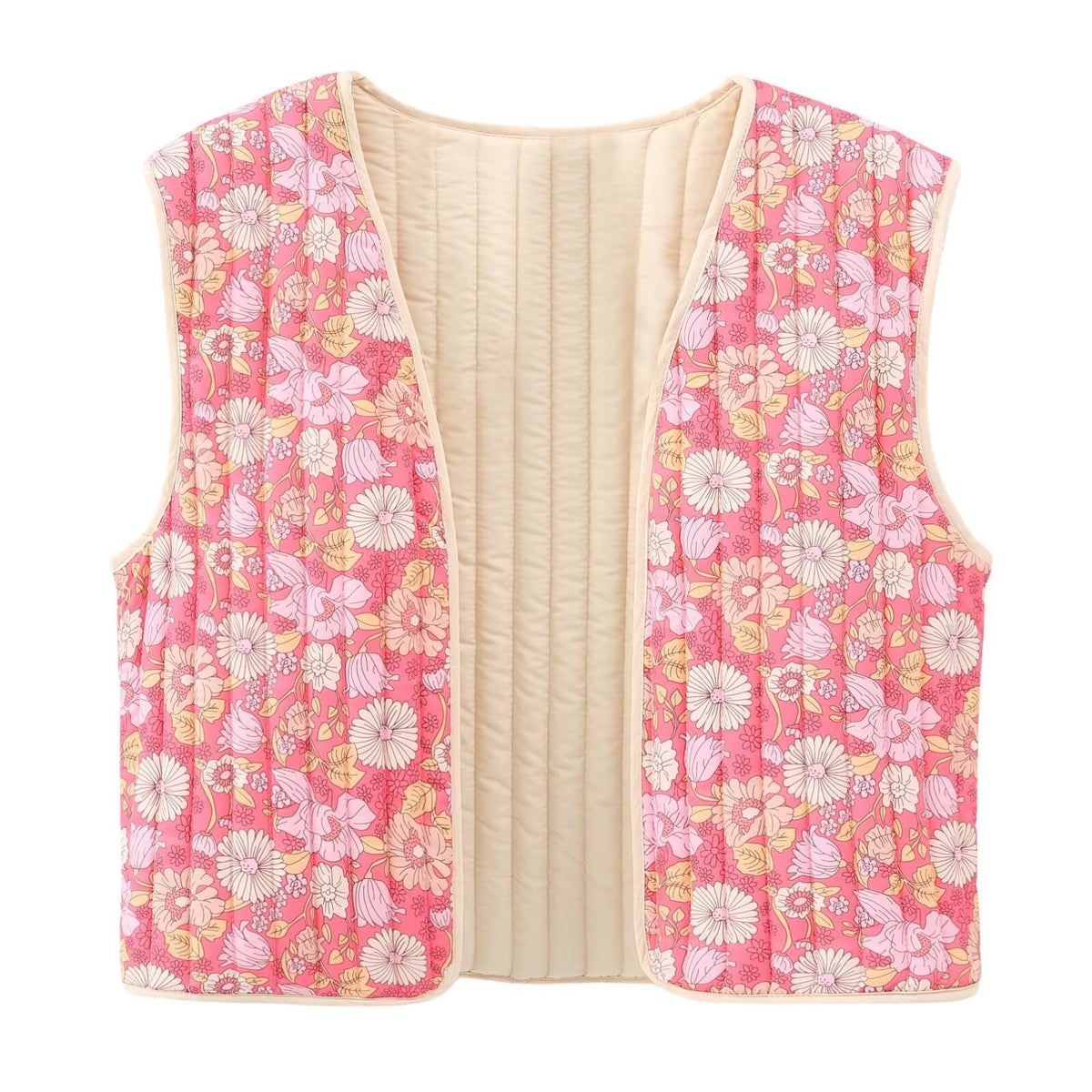 Retro Daisy Print Quilted Vest - Pink - 1