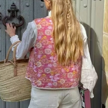 Retro Daisy Print Quilted Vest - Pink - 7