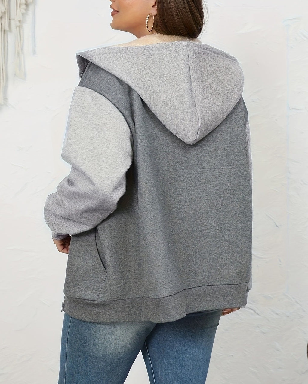 Sherpa Lined Two Tone Hooded Jacket - Grey - 2
