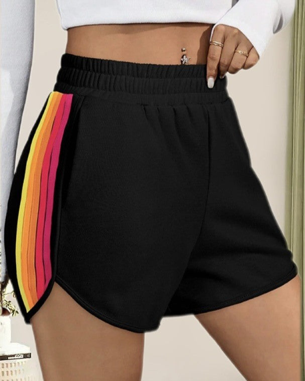 Rainbow Trim Dolphin Hem Running Shorts - Black