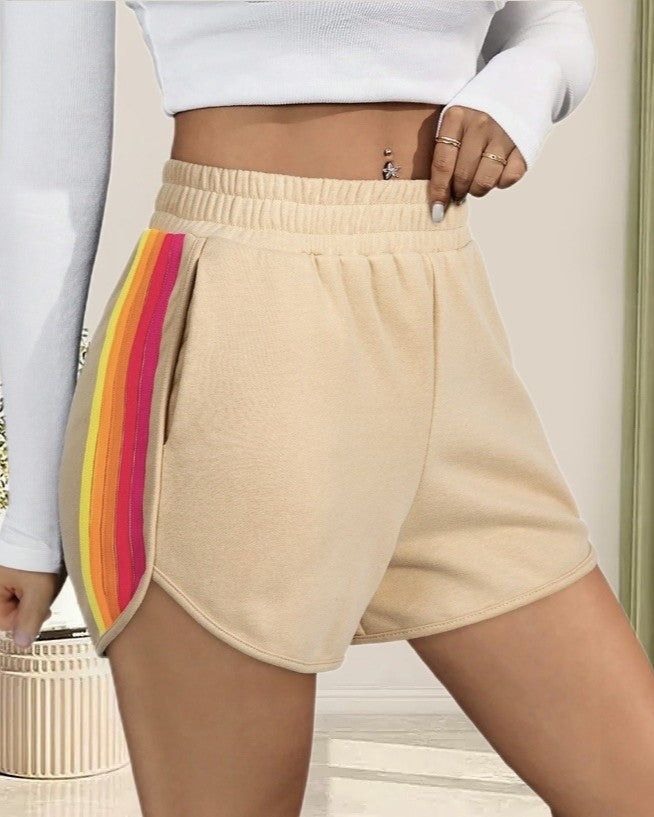 Rainbow Trim Dolphin Hem Running Shorts - Khaki