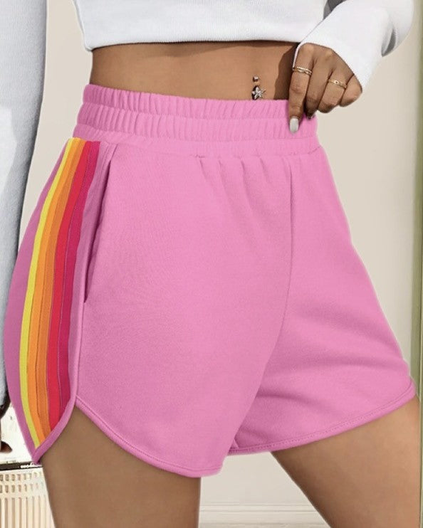 Rainbow Trim Dolphin Hem Running Shorts - Pink