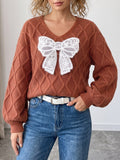 Lace Bow Applique Cable Knit V-Neck Sweater - Brown