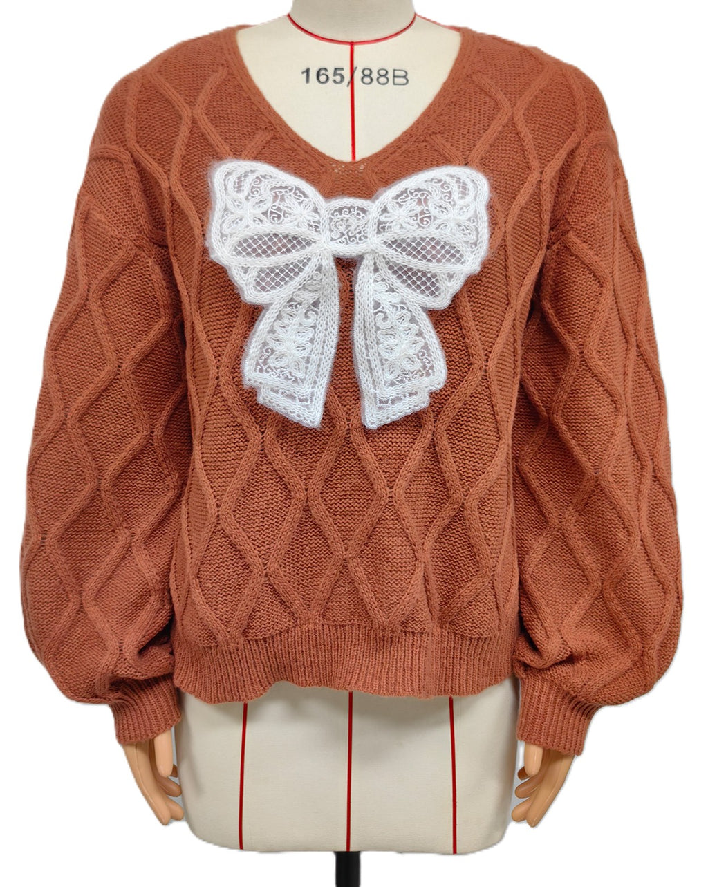 Lace Bow Applique Cable Knit V-Neck Sweater - Brown - 1