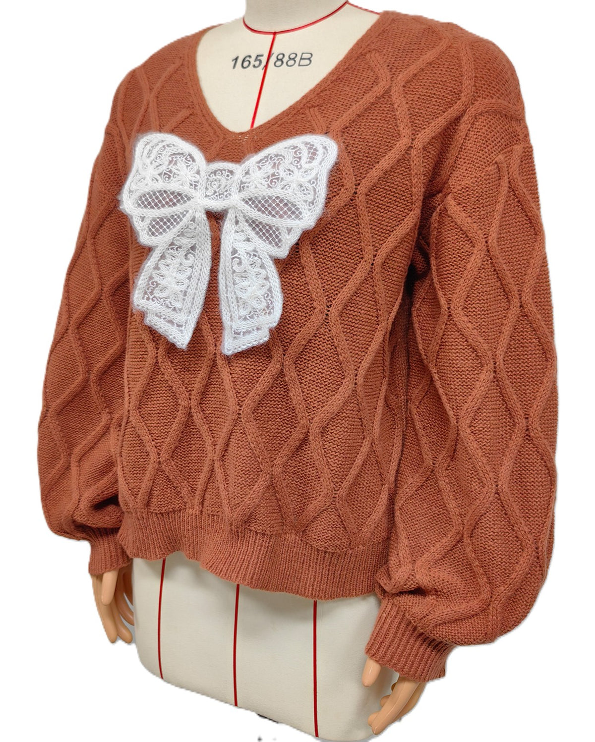 Lace Bow Applique Cable Knit V-Neck Sweater - Brown - 2