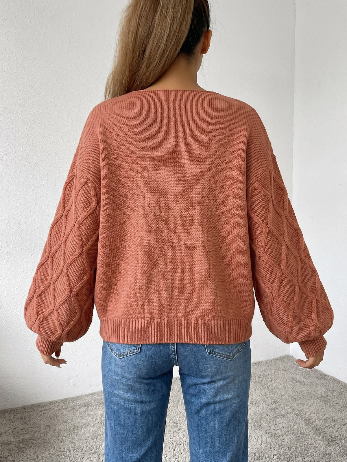 Lace Bow Applique Cable Knit V-Neck Sweater - Brown - 3