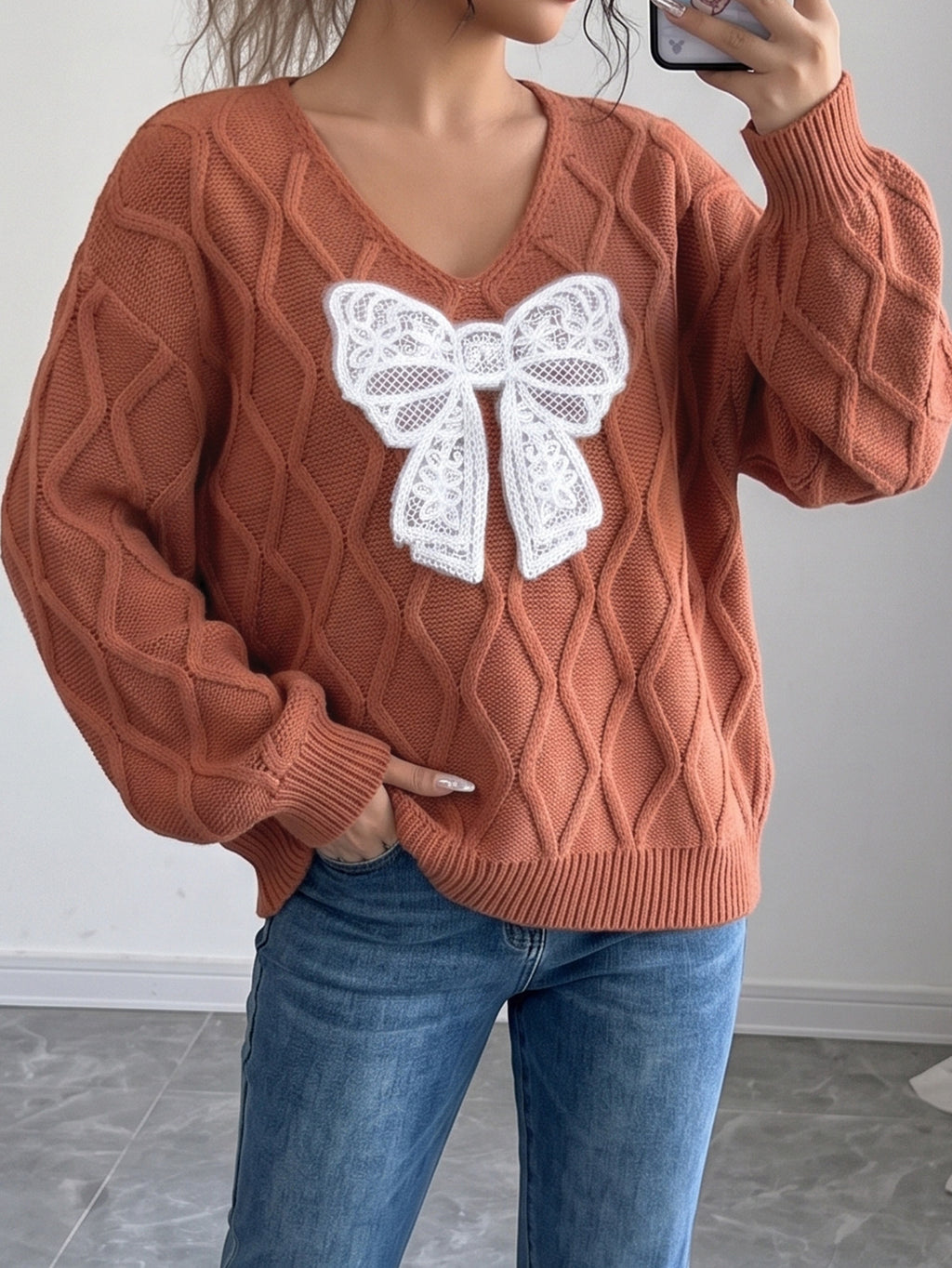 Lace Bow Applique Cable Knit V-Neck Sweater - Brown - 4