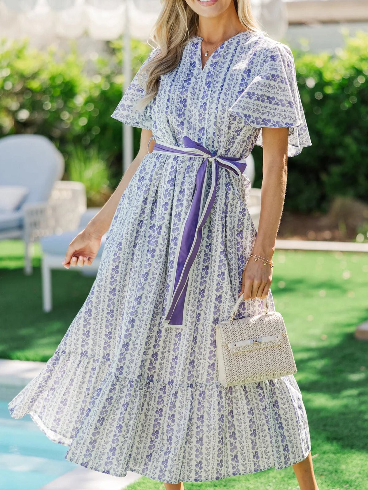 Flutter Sleeve Floral Tiered Maxi Dress - Lavender