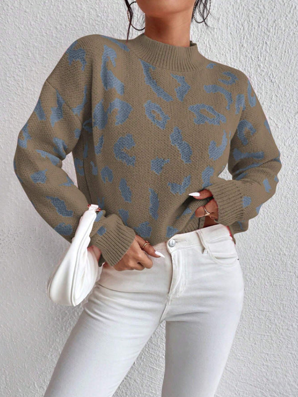 Animal Print Jacquard Mock Neck Sweater - Camel