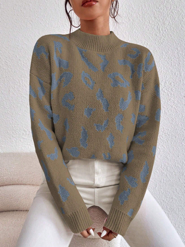 Animal Print Jacquard Mock Neck Sweater - Camel - 1