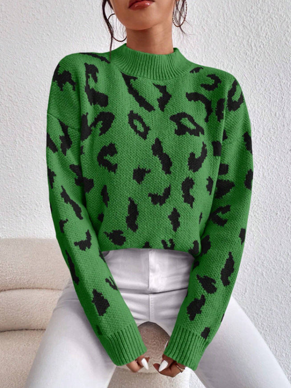 Animal Print Jacquard Mock Neck Sweater - Green