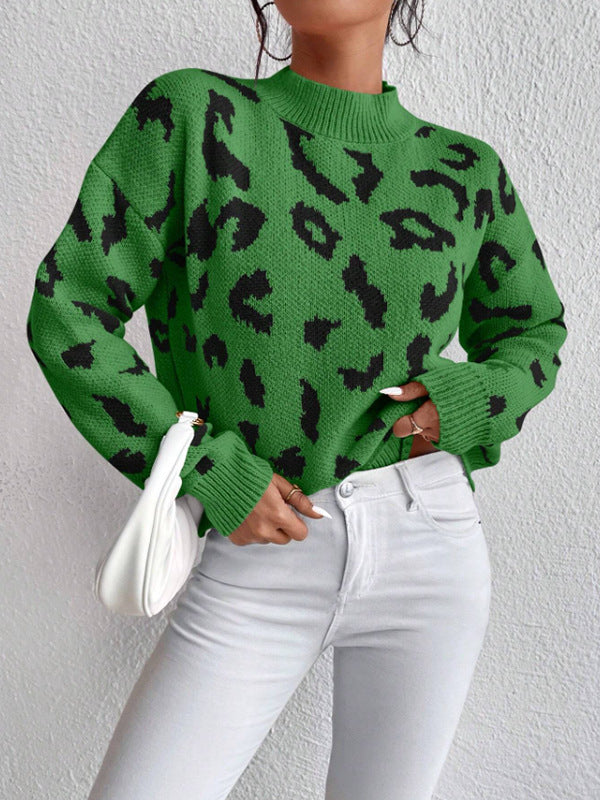 Animal Print Jacquard Mock Neck Sweater - Green - 1