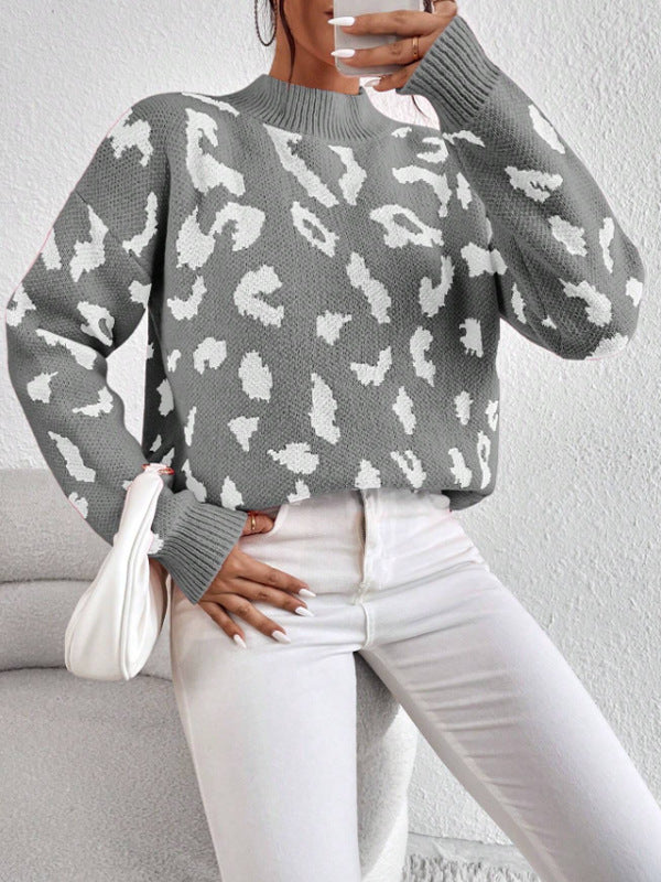 Animal Print Jacquard Mock Neck Sweater - Grey