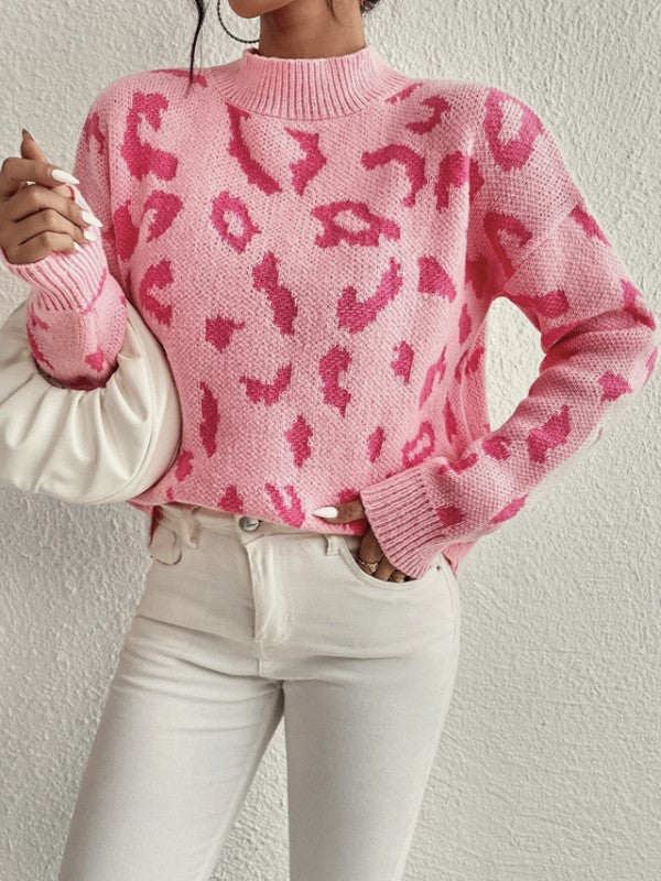 Animal Print Jacquard Mock Neck Sweater - Pink