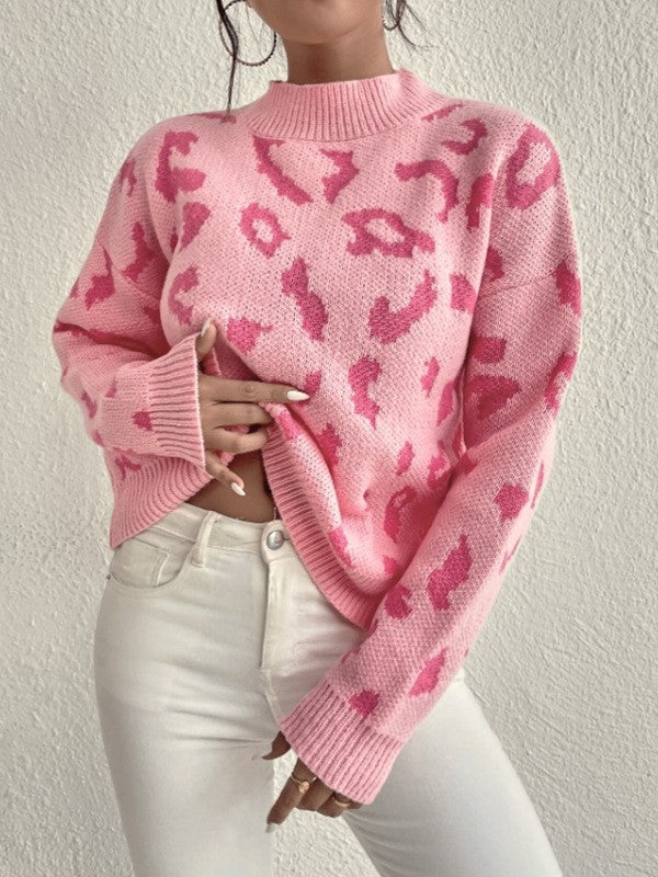 Animal Print Jacquard Mock Neck Sweater - Pink - 1