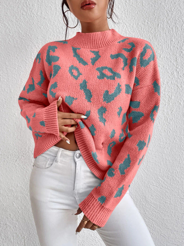 Animal Print Jacquard Mock Neck Sweater - Red