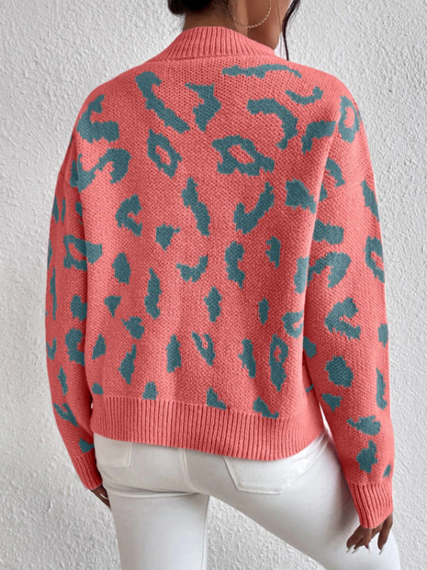 Animal Print Jacquard Mock Neck Sweater - Red - 1