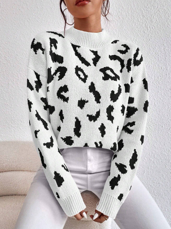 Animal Print Jacquard Mock Neck Sweater - White