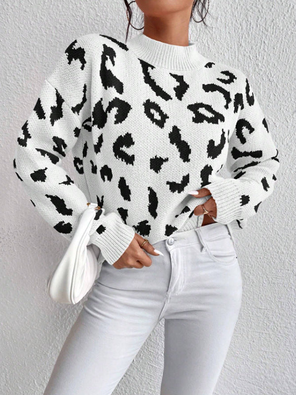 Animal Print Jacquard Mock Neck Sweater - White - 1