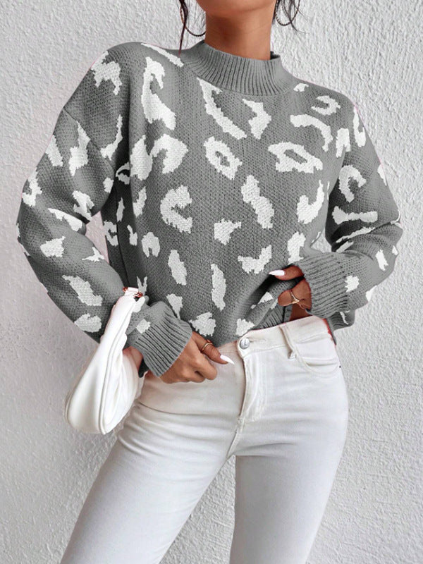 Animal Print Jacquard Mock Neck Sweater