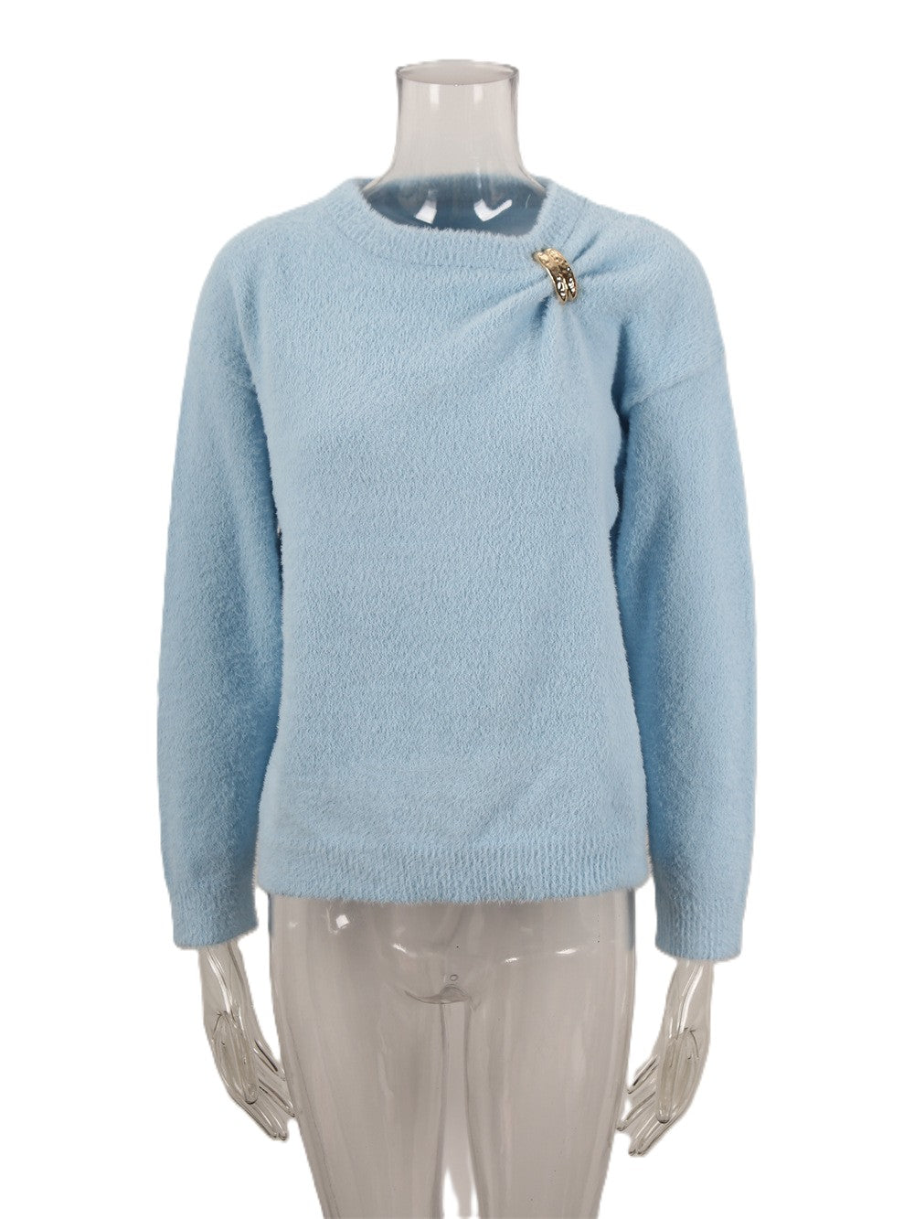 Buckle Accent Gathered Shoulder Knit Sweater - Blue - 1
