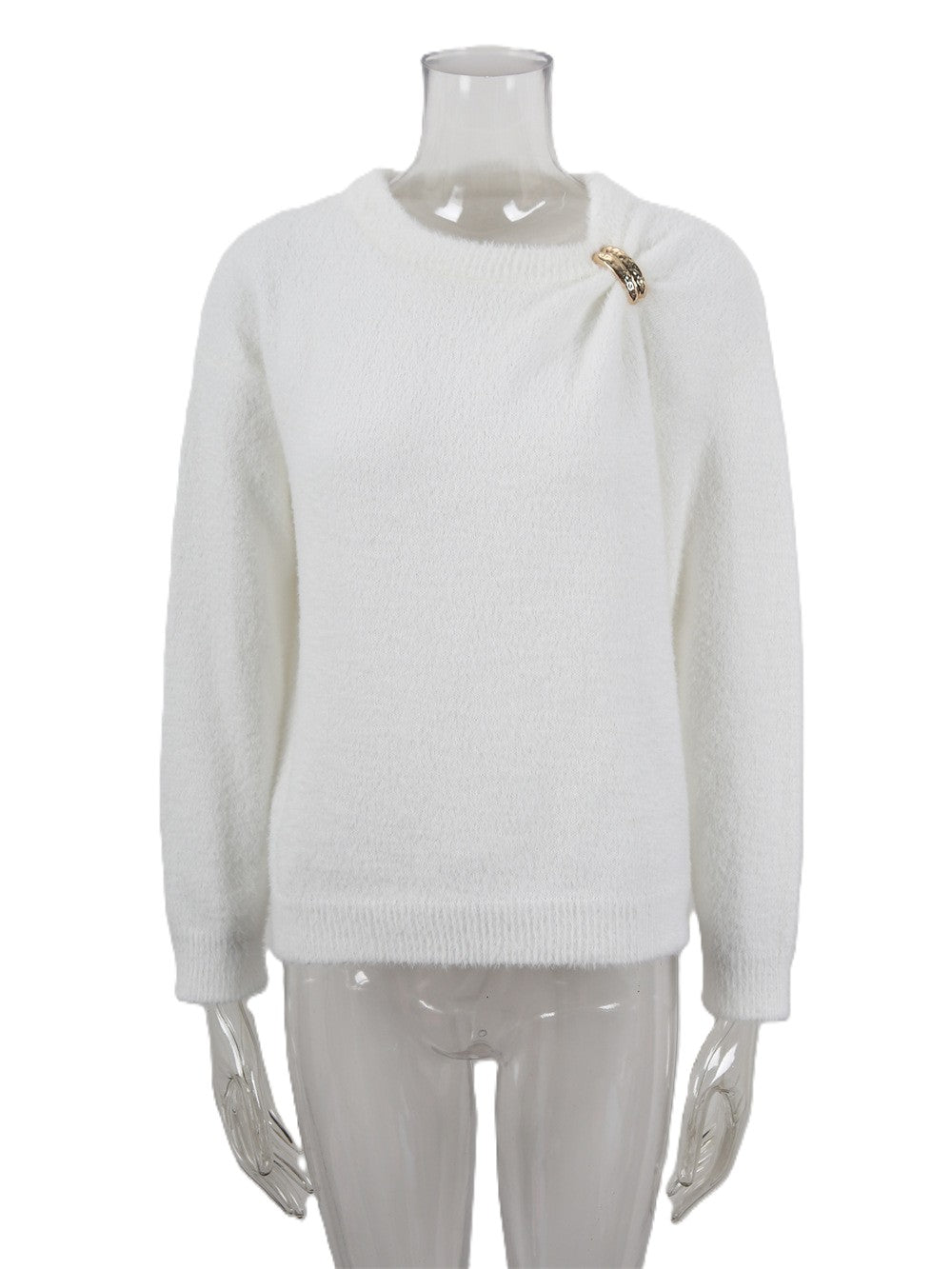 Buckle Accent Gathered Shoulder Knit Sweater - White