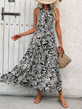 Tropical Print Halter Neck Tiered Maxi Dress - Black