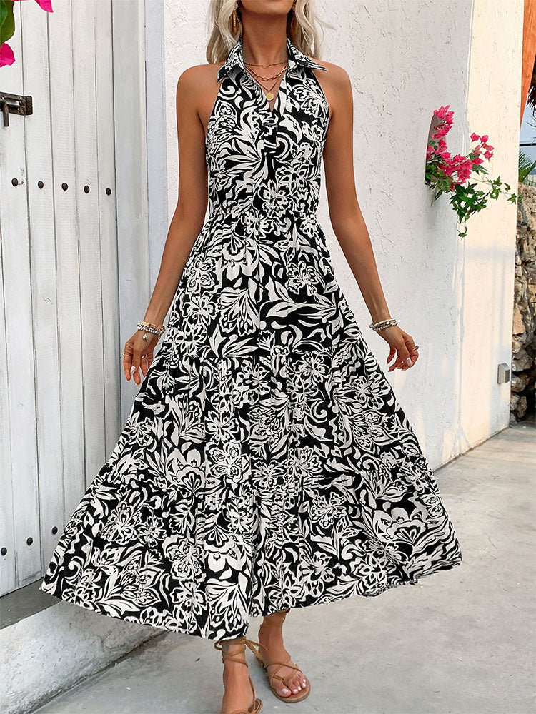 Tropical Print Halter Neck Tiered Maxi Dress - Black - 1
