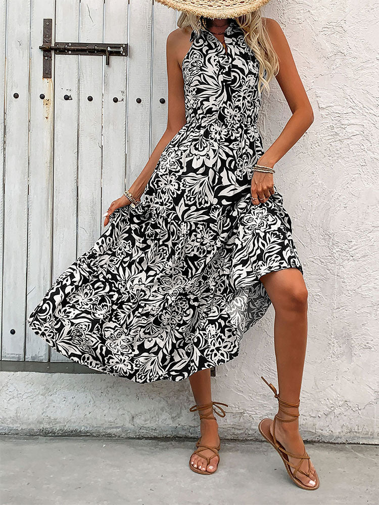Tropical Print Halter Neck Tiered Maxi Dress - Black - 2